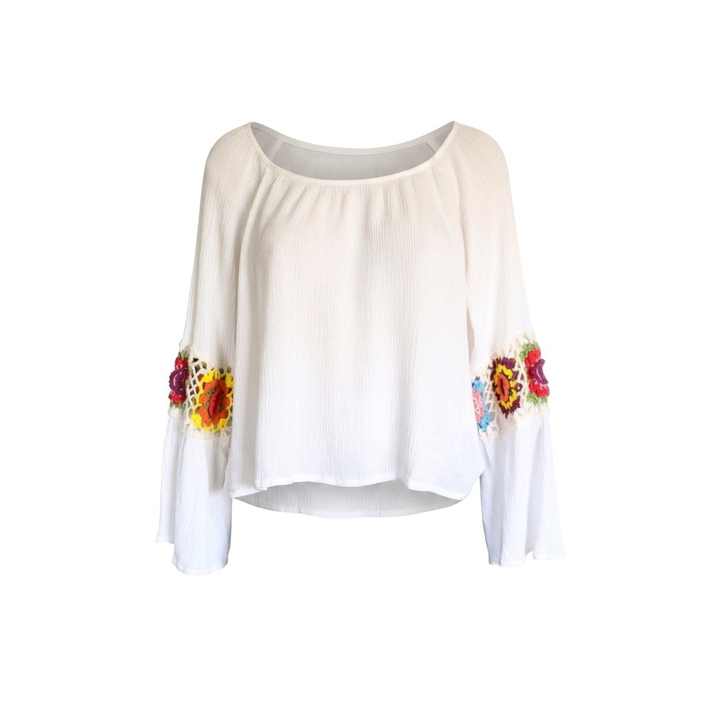 The Line of Style White Crochet Bell Sleeve Boho Blouse Top Small